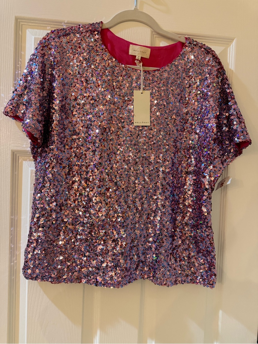 MELLODAY NWT Iridescent Sequin Short Sleeve Top - Pink Purple